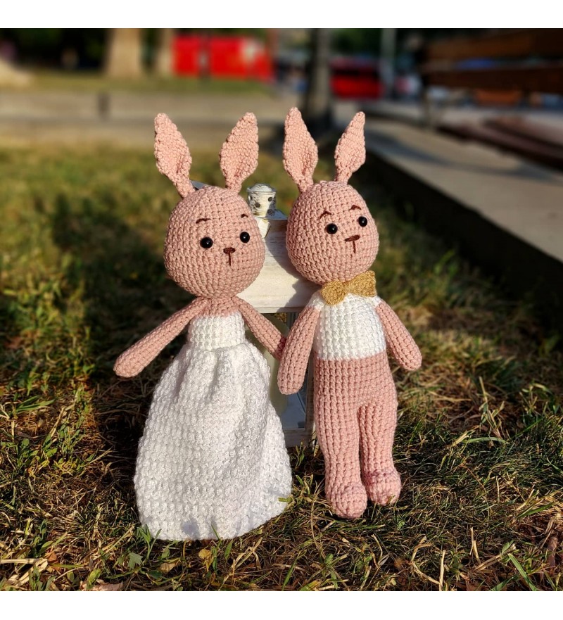 Handmade rabbits. Bride and bridegroom